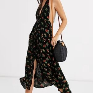 Free People Venice Black Floral Halter Dress Size Medium NEW NWT Boho